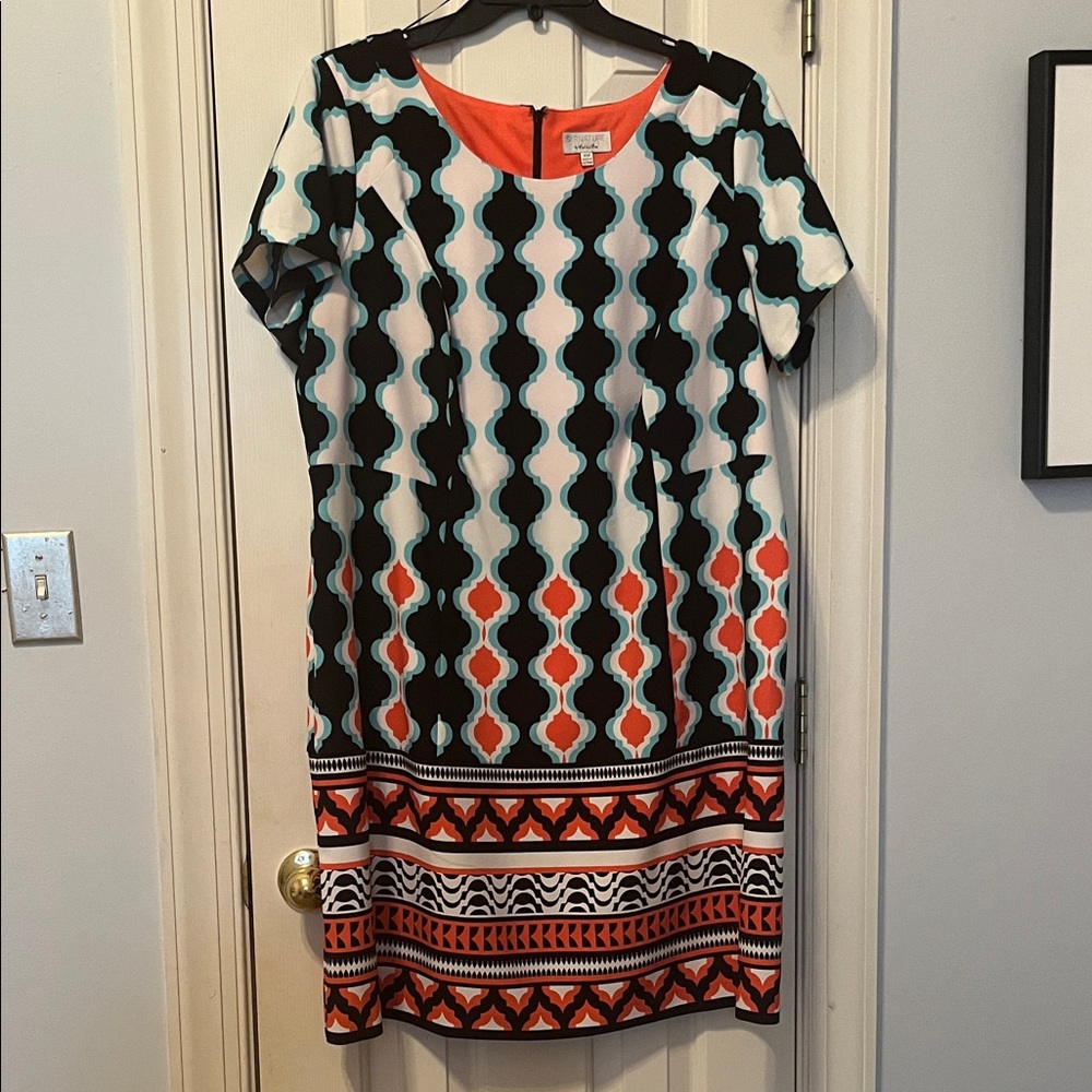 Signature by Robbie Bee Black, White, and Orange Midi Dress